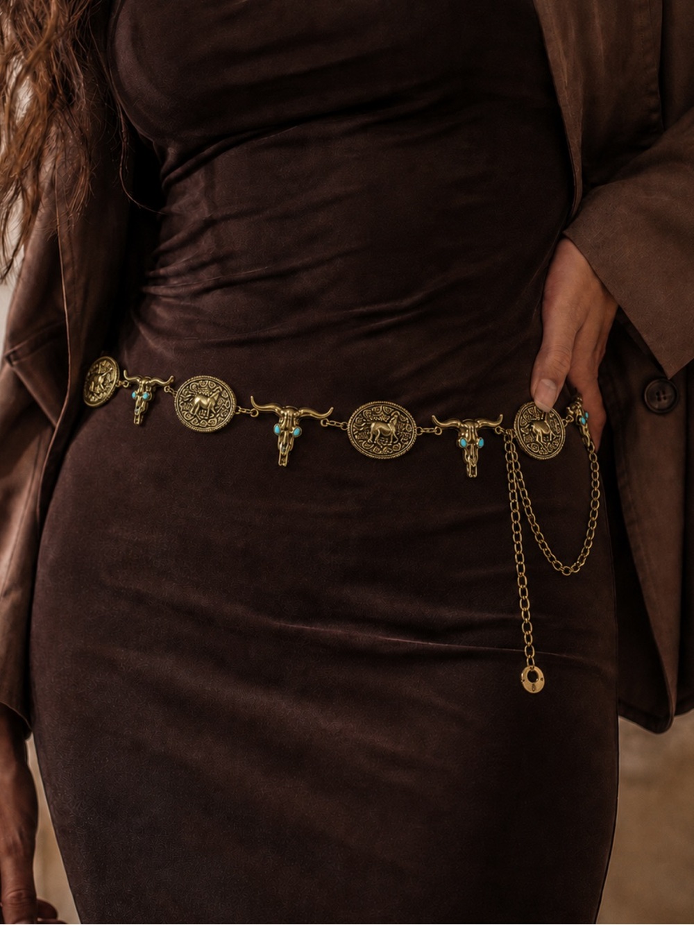 New! Western Chain Belt 🐂 Gold-Tone Coin & Turquoise Accent Belt B2-119